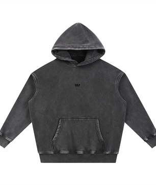Black hoodie with a small logo on a white background
